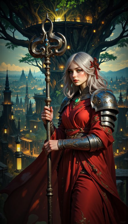 A breathtaking and majestic scene of a tall elven warrior standing as the guardian of a magnificent, multi-tiered city built around the colossal Tree of Life. She is the embodiment of elegance and strength, her presence commanding and regal. Her armor is a masterful blend of functionality and beauty, each piece meticulously crafted and adorned with intricate details.

Her chestplate is made of polished silver, engraved with swirling patterns that mimic the branches of the Tree of Life. Over it, she wears a flowing crimson dress, its fabric shimmering like liquid fire, the hem embroidered with golden thread in the shape of leaves and vines. The dress is slit to allow freedom of movement, revealing greaves of enchanted steel that gleam with a faint, otherworldly light. Her pauldrons are shaped like dragon wings, their edges tipped with delicate, razor-sharp feathers.

Around her neck, she wears a silver gorget etched with runes of protection, and her arms are adorned with vambraces that feature small, embedded gemstones glowing with magical energy. Several brooches are pinned to her dress and armor—one shaped like a crescent moon, another like a blooming rose, and a third depicting a coiled dragon. Each brooch seems to hum with its own unique power.

Her makeup is subtle yet striking, with a touch of gold on her eyelids and a faint blush on her cheeks, enhancing her natural beauty without overshadowing her fierce demeanor. Her long, silvery hair is braided with crimson ribbons, cascading down her back like a waterfall of moonlight.

In her hands, she holds a spear of unparalleled craftsmanship. The shaft is wrapped in what appears to be the coiled body of a dragon, its scales meticulously detailed and shimmering with a metallic sheen. The dragon’s head forms the spear’s tip, its jaws open as if ready to breathe fire. The weapon seems alive, as if the dragon’s spirit is bound within it, ready to unleash its power at her command.

The background is a sprawling, multi-level city built into and around the Tree of Life. The tree’s massive roots form the foundation of the city, while its branches stretch high into the sky, supporting platforms, bridges, and towers. Lanterns hang from the branches, casting a warm, golden glow over the city, and the air is filled with the faint sound of music, laughter, and the rustling of leaves. The Tree of Life itself pulses with a soft, green light, its energy flowing through the city like a living heartbeat.

The art style is highly detailed, capturing the textures of her armor, the fabric of her dress, and the intricate design of her spear. The lighting is soft and ethereal, with the glow of the Tree of Life and the lanterns highlighting her figure and the beauty of the city. This artwork tells a story of strength, elegance, and the sacred duty of a guardian who stands as the protector of a living, breathing city

style_of_UPS7fn0G75t 