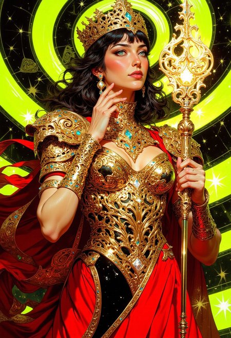 A vibrant, highly detailed, hyper-realistic, stylized digital illustration of a young woman with an ethereal aura, her fair skin glowing against the deep contrast of her shoulder-length, sleek black hair with straight bangs framing her delicate face. Her eyes are an almost translucent pink, shimmering with an otherworldly light, and her serene expression exudes quiet mystique. She wears an ornate golden crown adorned with tiny star-like embellishments that sparkle subtly. Her high-necked golden bodice is intricately designed with swirling filigree, accentuating her ample cleavage, and embedded with glowing stars, giving her a celestial, fairy-tale quality. A flowing red skirt cascades around her, layered with abstract geometric patterns in red, black, and gold, enhancing the fantastical aesthetic. Her left hand delicately touches her lips while her right hand rests near her chest, holding a long, golden scepter with a jewel-encrusted handle, radiating a soft, golden glow. The background is a hypnotic optical illusion of a spiraling vortex, composed of alternating black and neon yellow stripes that appear to converge at a single point, creating a striking sense of depth and motion. The glossy, polished texture of the spiral enhances the illusion, immersing the viewer in a mesmerizing, almost otherworldly visual experience.