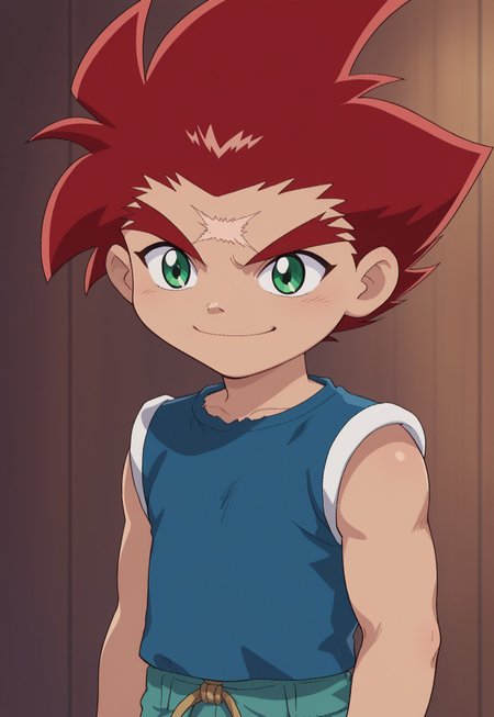 score_9, score_7_up, source_anime

DaichiSumeragi, 1boy, male child, male focus, solo, green eyes, red hair, spiked hair, scar, scar on forehead, shirt, blue shirt, smile, upper body

outdoor, 
