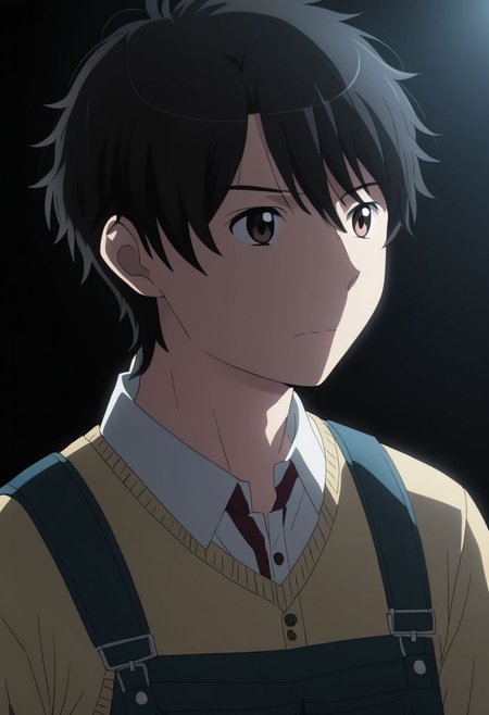 high resolution, solo, best quality, 1Boy, Inaho Kaizuka, Black Hair, Brown Eyes, cool, Mysterious black background, Movie lighting, a sense of atmosphere, OverallDetail
