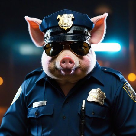 hyper-realistic (highly detailed) photo of 4 cyberpunk (Piggie) thug law-enforcement gang ((Badge says "police"):1.2) full-uniform aviator-sunglasses :: Smoking cigar ::  hands on hips with arrogant attitude, real prick look, realisim 4k 8k, uhd, soft lighting, high quality, dslr, uhhd,