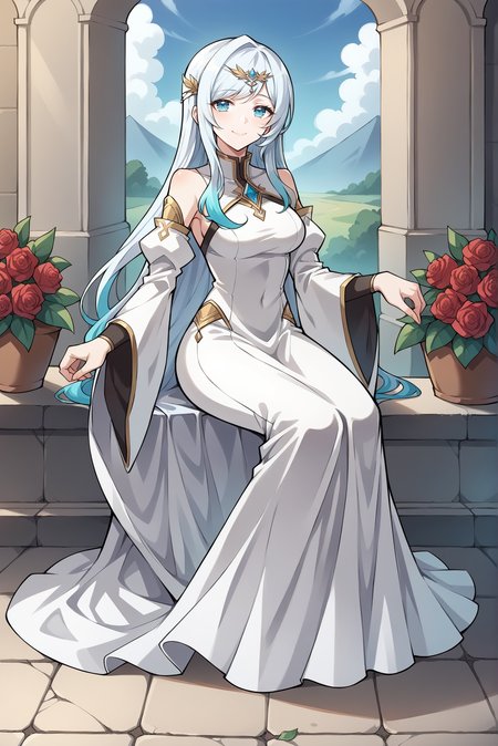 score_9, score_8_up, score_7_up, score_6_up, source_anime, 1girl, slender, solo, el harnier, <lora:HarnierXL_V1:0.8>
BREAK (closed mouth, smile), (gradient hair, white hair, blue hair, long hair, medium breasts)
BREAK (long dress, white dress, circlet, detached sleeves, wide sleeves:1.4), 
BREAK (full body, looking at viewer, sitting:1.4), outdoors, palace, garden, roses