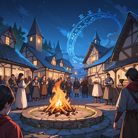 score_9, score_8_up, score_7_up,source_anime, <lora:Medieval Village Campfire:0.3> mevicab, night, medieval, scenery, village, large square, huge campfire, crowd, anger, (holding torch:1,2), starry sky, dark atmosphere, magic circle,