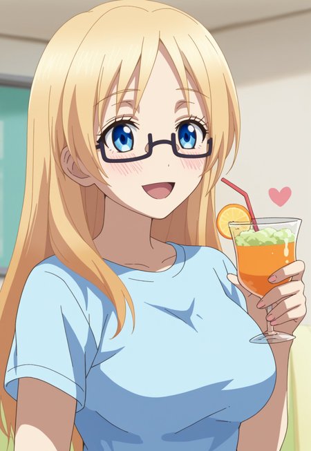 score_9, score_7_up, source_anime

ChisatoMizusawa, 1girl, solo, blue eyes, glasses, blonde hair, long hair, t-shirt, blush, happy, holding cocktail, large breasts, hearts,

indoor,