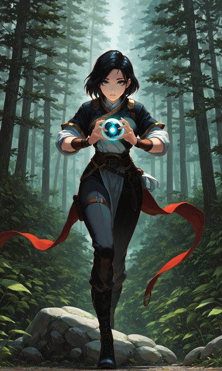 masterpiece, best quality, amazing quality, klskx, full body, 1girl, solo, black hair, medium hair, detailed eyes, multicolored eyes, gold eyes, eyebrows, eyelashes, red and gold hunter robe, (leather armor:1.1), pants, outdoors, rock, overlooking misty valley, (holding glowing magical orb:1.2), outside, early dawn, soft light, detailed scenery, forest clearing, intricate details, magical atmosphere, faint mist, (dynamic pose:0.7), (blurry background, depth of field, bokeh:0.9) <lora:klskx_wai:0.7000000000000001> <lora:spo_sdxl_10ep_4k-data_lora_webui:2.0> <lora:DarkerThanDarkIllustriousV1:0.5>