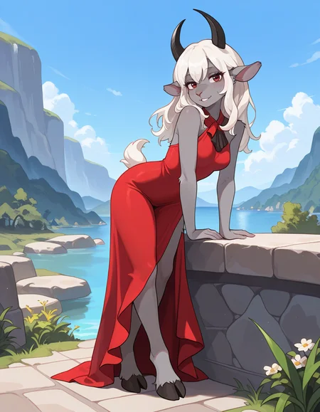 masterpiece, best quality, very aesthetic, absurdres,
outdoors,
full body, posing, barefoot, 
seductive smile, parted lips, long eyelashes,
 <lora:ElizaBeth_v01_NAIXL:1> ElizaBeth,1girl,solo,furry,furry female,goat girl,goat ears,horns,white hair,long hair,red eyes,animal nose,grey skin,tail,hooves,