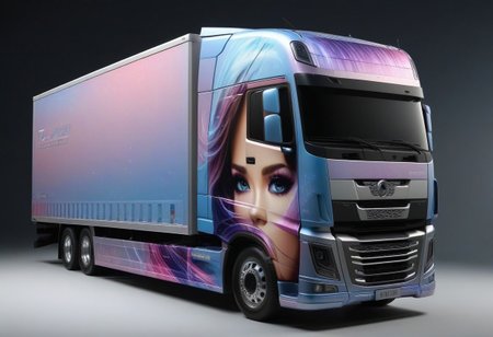 truck, complete truck visible, score_9, score_8_up, score_7_up, score_6_up, score_5_up, score_4_up, UHD, 8K, masterpiece, detailed, ultra_high_resolution, lots of detail, OverallDetailXL, detailxl, lapping car,print car,painted car style, vehicle focus, pictures of female faces on the truck.