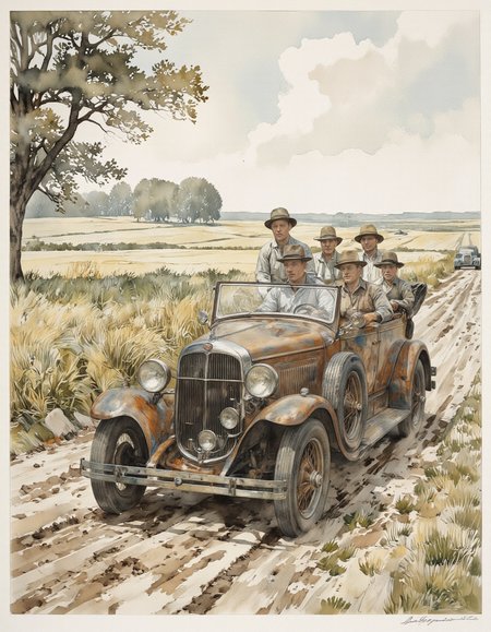 Inkquaria. A vintage illustration shoot from the front about a vintage car driving on a dirt road with four men in the back, wearing hats, in a rural landscape with a cloudy sky. on the middle of the image, a man is driving an old, rusty car, with a group of men standing behind him, all wearing hats. the car has a classic design with a large grille and chrome accents, and the men appear to be in their mid-twenties, with one man sitting in the driver's seat and the others standing behind the car. the men are all facing the viewer, with serious expressions on their faces. the background features a field with tall grass and a lone tree on the left, and another car is visible in the distance. the image has a watermark in the bottom right corner.