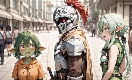 masterpiece,best quality,amazing quality,very aesthetic,absurdres,newest, huge filesize,
<lora:spo_sdxl_10ep_4k-data_lora_webui:0.5>,
<lora:add-detail-xl:1>  goblin slayer!, official art, 
 <lora:Distracted_Boyfriend:1>
Distracted_boyfriend, 1boy, 2 girls, crowded street, looking over shoulder, open mouth, cheating, jealous,
 BREAK 
1girl,  1boy,crowded street ,upper body, 
female goblin, commoner,green skin female, sweatdrop, sweat, nervous, goblin,
BREAK 
1boy, 2 girls, crowded street, looking over shoulder, open mouth, cheating, 
 looking over shoulder,goblin slayer (goblin slayer), armor, ( full helmet, no face), glowing eyes, red eyes under  face armor, from side, knife,
goblin slayer, armor, plume, fur collar, (shield), face armor,  mask,fire in eyes,
BREAK 
1boy, 2 girls, crowded street, looking over shoulder, open mouth, cheating, jealous,
 side portrait, side view, jealous, angry, open mouth, cleavage, round ass,
high elf archer \(goblin slayer!\),