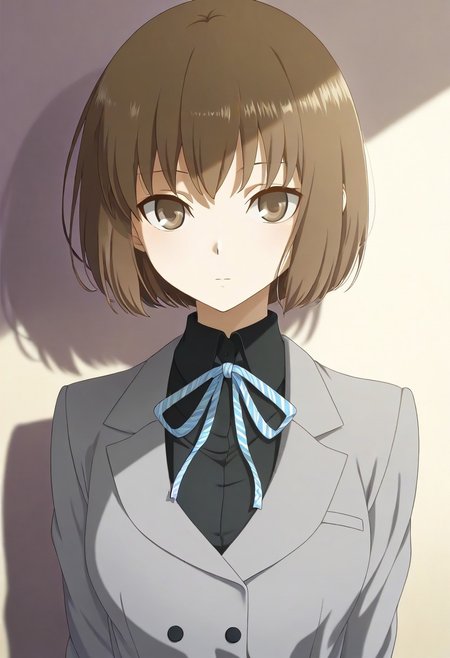nitta_io(ds2), 1girl, solo, brown hair, short hair,, brown eyes,, looking at viewer, ribbon, grey jacket, anime coloring, <lora:NittaIo-IllustXL:1>, (masterpiece),(best quality),(ultra-detailed),(best illustration),(best shadow),(absurdres),(detailed background),(very aesthetic),
