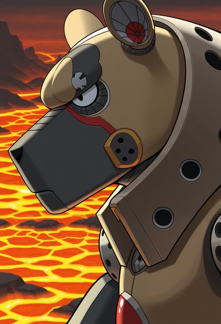 masterpiece,best quality,amazing quality, 1boy, solo, fl4m3, robot hyena boy, black eyes, close up, side angle, outside, lava,
