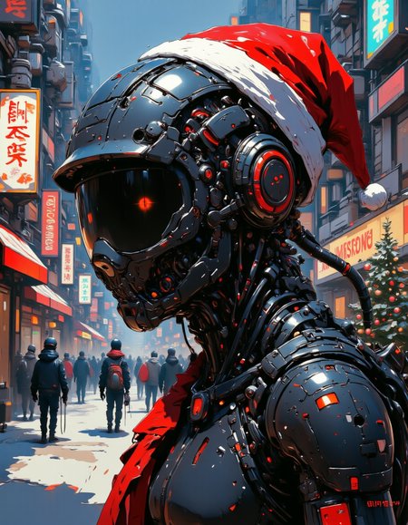 nistyle,  concept art Girl in black oily latex, black helmet, covered face, pixel eye, dynamics, digital artwork, illustrative, painterly, matte painting, highly detailed,  mechanical , Christmas Theme , christmas mood,magical christmas, a highly detailed, digital illustration in a whimsical, festive style, max details, in a Christmas street, Christmas tree, santa_hat , full body,
<lora:flux.1_lora_flyway_Epic-detail_v2:0.5>
<lora:CPA:0.7>
<lora:test2:0.7> ,  <lora:Christmas_Dreams:0.9>, <lora:flux.1_lora_ink-dynamic:0.4> , <lora:aidmaImageUpraderv0.3:0.5>