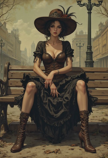 Illustration: Young, stylized female figure,  circa teenage-early twenties, sitting on park bench.  Black and white striped stockings, laced brown heeled boots, detailed steampunk aesthetic.  Dark brown corset top, layered ruffled black lace skirt.  Large ornate hat with feather accents and floral detail,  resting on head.  Intense, dramatic expression; large, dark eyes, slightly downturned lips.  Smoking cigarette in hand.  Detailed, textured clothing.  Composition emphasizes figure from knees up; seated pose.  Atmospheric perspective.  Vintage, gothic, art nouveau style.  Urban setting, with faded cityscape background; textured, sepia tones.  Rustic park bench with intricate design; wood-like texture.  Muted tones of brown, sepia, and dark gray, with subtle hints of pastel shades for atmosphere.  Intricate details in drawing style of Alphonse Mucha. Dramatic lighting suggests a late afternoon scene.   Detailed perspective and camera angle emphasize figure. Dark atmosphere; melancholic mood.
