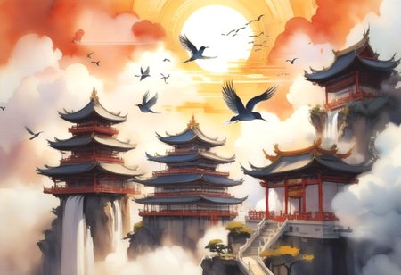best quality,high res, drone view,, a sacred city (on the clouds:1.6), Chinese traditional architecture, built with (gold and crystal),, (remote buildings),, a waterfall, a tree growing in the corner of the city, all kinds of birds nesting on it,,(sun) rise high in the background, birds flying toward the sun,, Chinese ink painting, watercolor, fantasy theme