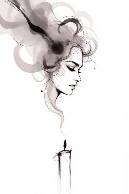 nijiwc1 Ink brush style illustration. 
Wisps of smoke rising from a candle in the form of a woman's profile 
The background is stark white <lora:inkwash_niji_nocap_d6a3:1.0><lora:806961421045989182:0>