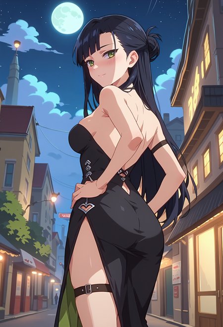 score_9, score_8_up, score_7_up, anime screencap, source_anime, 1girl, solo,
<lora:Shigure_Yukimi_Seraph_of_the_End_V1:.85>, KJOshigure, green eyes, black hair, long hair, asymmetrical bangs, 
black dress, side slit, bare shoulders, strapless, thigh strap, skindentation,
from behind, hand on own hip, seductive smile, blush, looking back,
night, city, street, tall buildings, moon,
(Beautiful, medium Breasts:1.2),