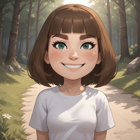 score_9, score_8, BREAK, solo, mii, wii u, wii sports club, 1girl, female mii, cute, green-ish brown hair, brown eyebrows, white skin, green eyes, small nose, blush, smile, long hair, fringe, white clothing, white pants, sneakers, small breasts, Millie_(\Wii_Sports_Club\), Nintendo Mii, modern_mii, classic_mii, sexy pose, self portrait, smile, outdoors, sunlight, shadows, evening lighting, natural lighting, forest, trees, grass, orange sky, sunset