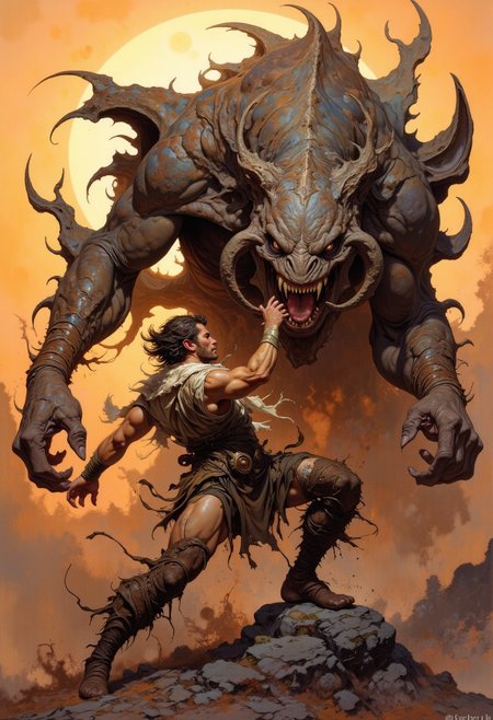 score_9, score_8_up, score_7_up, 8k high quality digital painting, masterpiece, very detailed, ultra realistic, (best quality) very detailed epic masterpiece, boris vallejo style, frank frazetta style, realistic oil painting, retro artstyle, full body, side view, backlight, we see a primeval muscular cave-man in fur clothing fighting a big bizarre monster, sundown, the setting sun casts long shadows, backlight, action movement, screamingfairytale-like, realistic detailed oil painting style Rembrandt style, Vermeer style, heroic fantasy, realistic, realism, full body