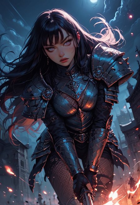 Score_9, Score8_up, Score_7_up, (((High Resolution, Best Quality))), 
1girl, beautiful, breasts, battle scarred, damaged armor, fishnets under armor, bangs, long hair, plated armour, holding sword, battle stance, dynamic angle, ancient fantasy city, battle-ready stance, dynamic pose, at night, moonlight, riding a nimbus cloud, nimbus, wukong theme, directional lighting, viewed from above,
