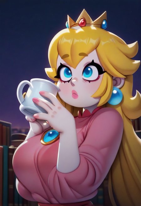 masterpiece, best quality, newest, absurdres, highres, 1girl, <lora:PrincessPeach_NoobAI_Incrs_v1-000012:1>, princess peach, crown, earrings, blue eyes, long hair, Short Wavy Bob, pale faced, blue red off-soulder shirt, holding a cup, library, night sky, upper body, portrait, solo, p0ch1