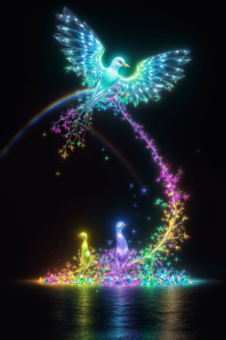 gl0wing (rainbow cryst@l bird), black background <lora:add_detail:0.5> <lora:boldline:0.2>
