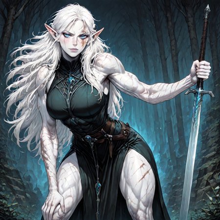masterpiece, best quality, newest, absurdres, highres, 
MIRV1.0, pale, white skin, blue eyes, colored skin, toned, muscular, toned female, white hair, elf, pointy ears, scar, scar on face, PINWSV1.0, pin up, sexy pose, sword, holding sword, holding weapon, sword, PINWSV1.0-lean, leaning, leaning forward, planted sword,
