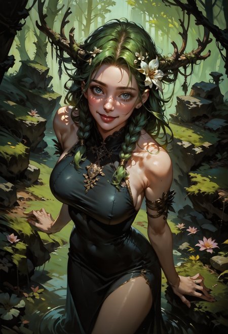 score_9, score_8_up, score_7_up,  dark, from above, (solo), elven girl, standing, bare shoulders, green hair, braids, large breasts, flower hair, antlers, black dress, cute, overgrowth,  sexy pose, looking at viewer, outdoor, moss, rocks, smile, 1girl, delicate and smooth skin, blush, perfect body, thighs, highly detailed, glossy lips,    <lora:Concept Art DarkSide Style LoRA_Pony XL v6:0.8> concept art, <lora:GwentStyle_v2:0.6> gwentstyle  <lora:Expressive_H-000001:0.8> expressiveh <lora:GRIM_v1:0.8> horror (theme)
