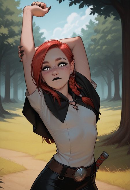 masterpiece,best quality,amazing quality,newest, absurdres, highres, detailed eyes, beautiful, perfect eyes, finely detailed face, very aesthetic, anime coloring, anime screencap, incoth, (incase:0.6),
1girl, solo
kayenn, red hair, long hair, side braid, white eyes, freckles, black lips, earrings, black nails, sharp fingernails, slim, cute face, small breasts, 
mouth close, standing, looking at viewer, stretching, arm up,
capelet, pants, shirt, belt, 
outdoor, tree, sunny,