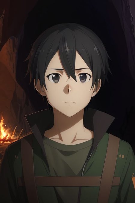 high resolution, solo, best quality, 1Boy, Kazuto Kirigaya, portraits, Black Hair, Black Eyes, cave, bunker, field Ration, bonfire, OverallDetail