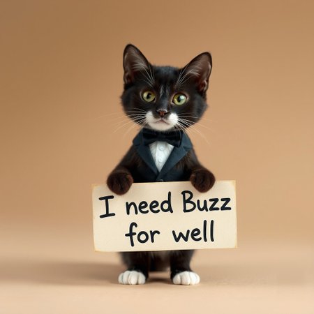 Tuxedo cat, slim, one holding paint wood paper vith lettering "I need Buzz for well",, fur body, cute face, cute look, thounge out, small legs,