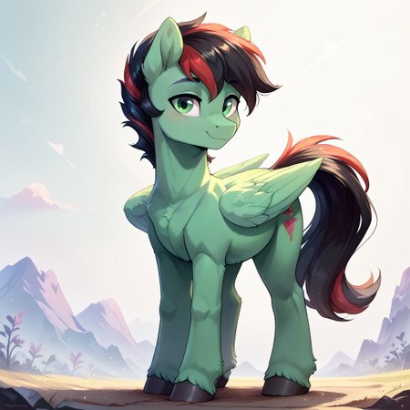 score_9, score_8_up, score_7_up, score_6_up, score_5_up, pony, solo, from my little pony, g4, (anatomically correct), cutie mark, (((pony, feral pony))), detailed, 1 male, 1 stallion, pony, beautiful, adorasexy, chest fluff, fluffy, ear fluff, by dvixie, full body image, facing away from camera image,
white background, no background,
(green body), green eyes, short black mane with red streak, stallion, male, pegasus, 
standing, facing away, looking at you, happy, folded wings, close up of butt
