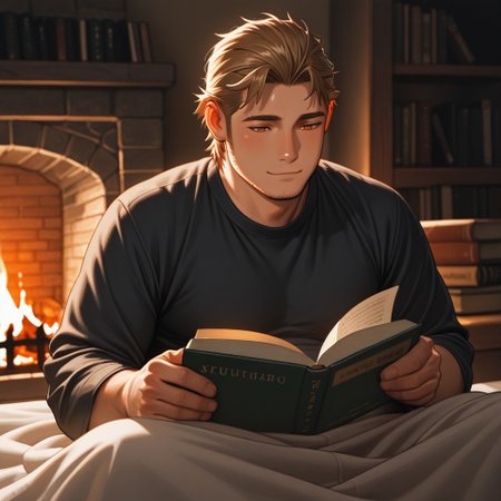 masterpiece, best quality, amazing quality, absurdres, newest, detailed background, definition so sharp, Ultra-HD, 8K cinematic, very awa, impressionate, amazing quality, highres, 
solo, male focus, manly, plump, shadow, shiny skin,
ekusoushizumu, ekusou_brunette, ekusou_orange eyes, 1boy, short hair, sideburns, stubble, cozy, warm_lighting, fireplace, soft_blanket, book_reading, hot_drink, peaceful, relaxed, hygge, indoor, gentle_smile, natural_light