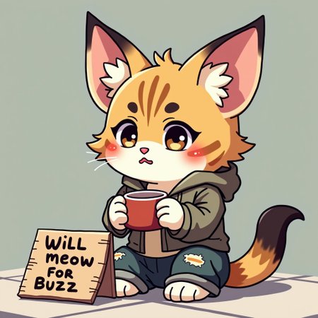 Extremely cute Caracal in 2D anime Chibi style. Oversized, floppy ears, comically large compared to body. Big, sparkly eyes, tiny nose, and small mouth in typical anime style. Fluffy fur with exaggerated tufts. Wearing tattered, patched clothes: ragged shirt and torn pants. Holding a chipped cup with both paws. Sitting on sidewalk, looking up with pleading expression. Cardboard sign in front reading "Will meow for Buzz" in wobbly handwriting. Pastel color palette with muted earth tones for beggar aesthetic. Soft, warm lighting. Kawaii features: blushing cheeks, glint in eyes. Simple background suggesting urban setting. Clean, crisp lines and shapes typical of 2D animation.