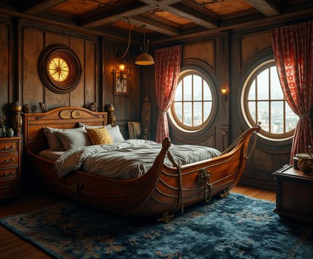<lora:pixa_atyle-000001.safetensors:1> pixa style,champions,cute
In the heart of a bustling city, a room stands as a sanctuary of whimsy and adventure, transformed into a cinematic realm where the past and the future merge. A grand wooden ship bed, its timbers polished to a lustrous sheen, serves as the centerpiece. The bedframe is intricately crafted with nautical elements—anchors and ropes woven into the design, each detail rendered with a metallic finish of gold and bronze. The textured wood, marked by the passage of time, is balanced against the smooth, polished surfaces, creating a harmony of organic and mechanical.
Soft, diffused lighting filters through the room, casting a subtle haze that enhances the depth and dimension. The sail-like curtains, in a rich red and white pattern, flutter gently, adding a sense of movement and maritime charm. The floor is adorned with a plush, desaturated blue rug, its fibers catching the light in a way that suggests the gentle ripple of the ocean.
The room’s color palette is warm and inviting, with dusty browns and muted greys that ground the space. High-contrast, luminous details, such as the glowing compass on the wall and the softly lit portholes, draw the eye and add a touch of mystery. The overall mood is both nostalgic and futuristic, a place where dreams of the high seas and the wonders of tomorrow coexist in perfect harmony.