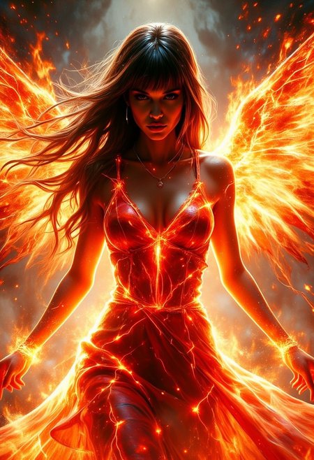Silhouette Art, magnificent. female fire elemental, long hair, bangs, red flame-infused dress, pulsing with fire and red electrical energy, wings of fire
