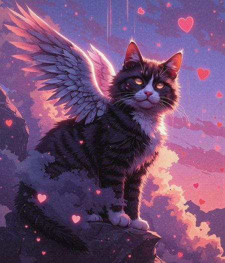 A breathtaking, cinematic film still of an award-winning composition—A small Maine Tabby cat in the colors brown white and black with delicate, ethereal angel wings gracefully floating in a vast sky filled with soft, pastel pink clouds. The cat’s fur is long and sleek and subtly illuminated by the ambient light, while its glowing, enigmatic eyes radiate a sense of mystery and wonder. The wings are intricately detailed, with each feather reflecting the warm hues of the dreamlike sky.  

The scene has a moody, epic atmosphere, enhanced by a shallow depth of field that draws attention to the cat as the focal point. A soft vignette frames the composition, while a high-budget, ultra-detailed rendering brings out the finest textures—from the grain of the feathers to the gentle mist clinging to the clouds. The background is bathed in a surreal, cyberpunk-inspired glow, with hints of neon streaks subtly blending into the dreamy, anime-like aesthetic.  Floating heartshaped clouds

Rendered in a mix of anime, cyberpunk, and comic book styles, the image features a stunning blend of high-quality film grain, a dynamic bokeh effect, and a rich, cinemascope aspect ratio. The overall tone is moody and atmospheric, evoking a sense of awe and fantasy, as if capturing a fleeting moment from an otherworldly, beautifully crafted cinematic universe.  


Art in the style of Yomu_Yakadashi., cinna flow, dreamscape7X, dreadmirthart,  Jedspl4tt,
