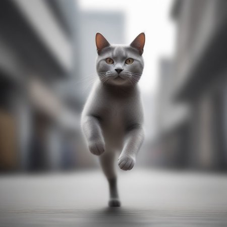 blur speed, active scene, At a street milk market, a gray cat (running pose) holds a bottle saying BUZZ in his upper paws, runs quickly and laugs, A milk seller in white runs after him and shouts loudly, threatening him with his fist.