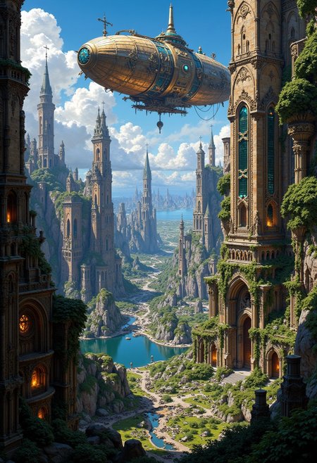 In a sprawling aetherpunk cityscape, towering spires of gleaming metal and glowing energy merge with organic elements like shimmering vines and moss-covered ruins. A mesmerizing airship, adorned with intricate gears and steam vents, hovers in the sky above. This enchanting painting captures the fusion of futuristic technology and natural elements in the aetherpunk genre, with impeccable attention to detail and vibrant colors that bring the scene to life in unparalleled quality.