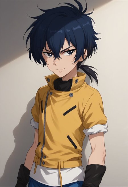 score_9, score_8_up, score_7_up, source_anime, highly detailed, 
samuru, 1boy, male focus, solo, gloves, blue hair, blue eyes, black gloves, pants, black hair, hair between hair, ponytail, low ponytail, smile, upper body,
indoor,