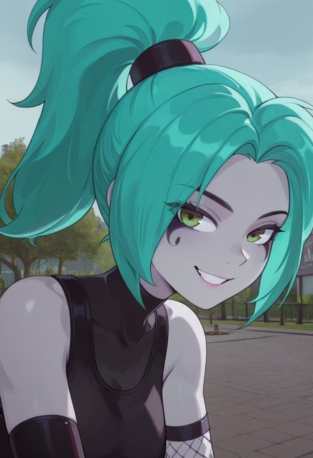 1girl, zzEmber, ponytail, aqua hair, grey skin, fishnets, goth, park background, smile, close up