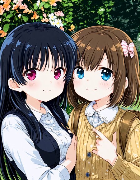 <lora:toki_pony_1:0.9> 2girls, multiple girls, upper body, cheek to cheek, looking at viewer, smile, blush, hand to hand, hug
shimizudani ryuuka, 
onjouki toki, hair bow,