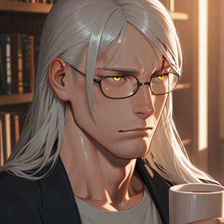 masterpiece, best quality, amazing quality, absurdres, newest, detailed background, definition so sharp, Ultra-HD, 8K cinematic, very awa, impressionate, amazing quality, highres, 
solo, male focus, manly, shadow, shiny skin, mature male, extream close-up, soft coloring,
mitsuhisahachiya, mitsuhisa_grey hair, mitsuhisa_yellow eyes, 1boy, long hair, scar across eyebrow, intelligent, witty_smile, charming, glasses, books, university, professor, smart_casual_attire, approachable, kind_eyes, thoughtful_expression, cup_of_tea, warm_lighting, gentle_laughter