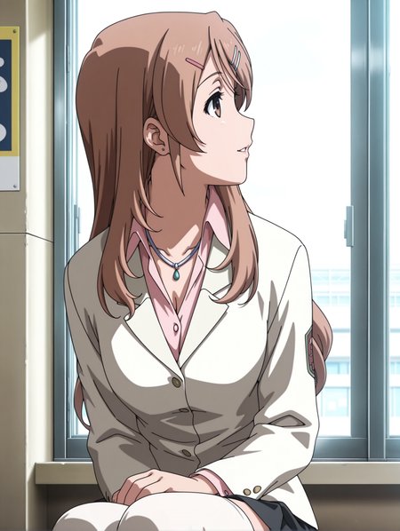 masterpiece,best quality,newest,
1girl,solo,
anime screencap,<lora:sakurai_yukino_ilxl_v1.0:1>,brown hair,brown eyes,long hair,
y_clothes,necklace,uniform,white jacket,shirt,black skirt,white_thighhighs,loafers,
<lora:Fixhands_anime_bdsqlsz_V1:1>,upper_body,sideways_glance,looking_at_viewer,white_background,simple_background,profile,smile,parted lips,