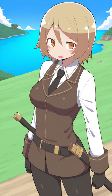 general,highres, ultra-detailed,very aesthetic,best quality ,best hands,  BREAK  <lora:Moka_margaret_IS:1>Moka_margaret, 1girl, short hair, blonde hair, brown hair, orange eyes, breasts,
solo, gloves, necktie, black gloves, weapon, black necktie, vest, long sleeves, shirt, open mouth, sword, sheath, 
cowboy shot, collared shirt, white shirt, pants,  looking at viewer, sheathed, arms at sides, standing, bangs, pantyhose, brown vest, black pants,
island, grass,