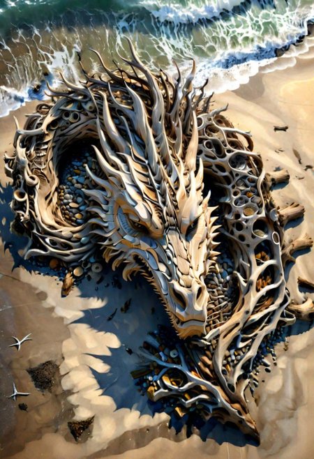 (drift wood washes up on the shore, all the tiny parts of drift wood form together to create a perfect  shape of a large dragon lying on the shore), abstract, 3d render, strong, insanely intricate details, (masterpiece), breathtaking natures art work