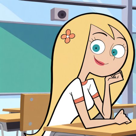 (masterpiece), (best quality), (ultra-detailed), amazing quality, very aesthetic, illustration, perfect composition, intricate details, absurdres, incredibly absurdres,<lora:stardpillustrious:1>, stardp, 1girl, solo, blonde hair, long hair, flower, aqua eyes, hair flower, hair ornament, smile, lipstick, indoors, classroom, sitting  on chair, desk, white shirt, red capris, looking at viewer, t-shirt,