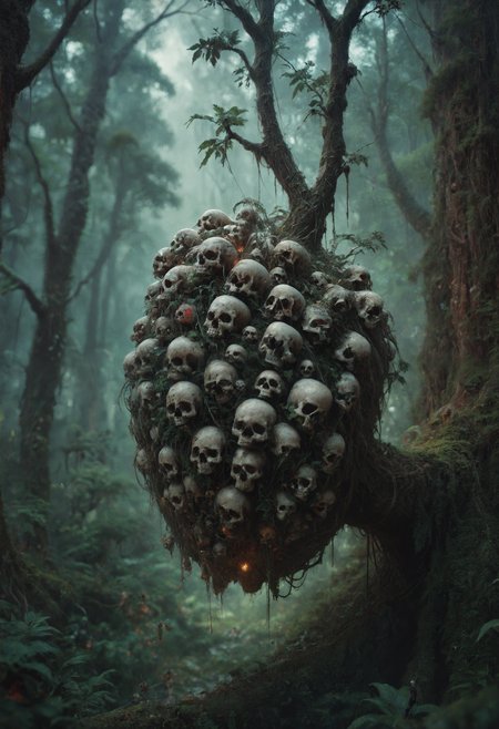 embedding:lazyup7, slimes_skullwm, apple made of skulls, forest, extreme close-up, macro, depth of field, hanging on branch <lora:Challenge_Winnifier_2025-04:0> <lora:SlimesSkullWM:1>