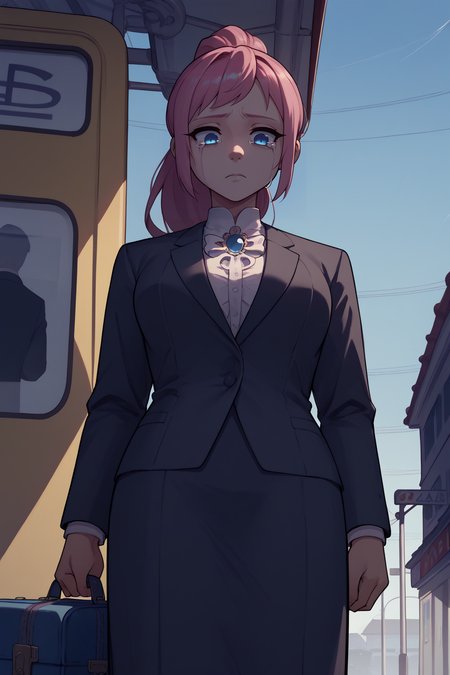 score_9, score_8_up, 1girl, solo <lora:felicia-fe-richy-v1_xl:1> feliciarnd, pink hair, ponytail, blue eyes, formal suit, suitcase, expressionless face, looking down, tears, outdoors, train station