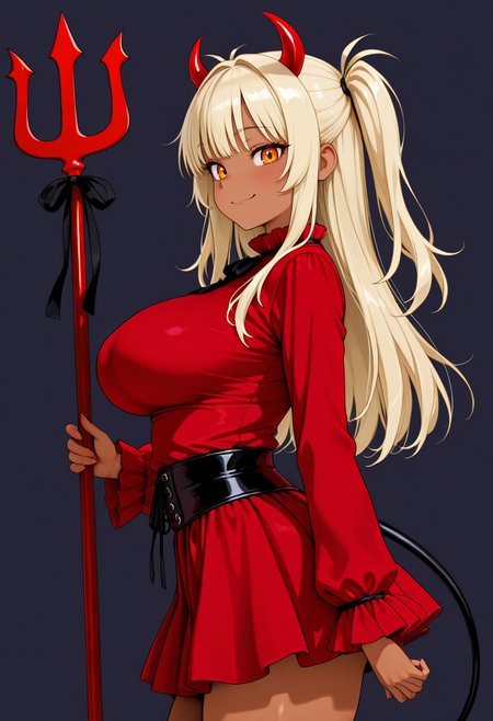 masterpiece,best quality,amazing quality, very aesthetic, ((outlined outlined vector graphics)), cute face, (glow eyes:0.5) ,  from side,  looking at viewer ,simple background,
1girl,
20yo, large breast, orange eyes, (blonde hair:1.3),long hair, (two side up:1.1), (dark skin:1.2), dark skin girl, (tall:1.2), ,bangs
,solo,cute face,
smile ,  red trident, red trident devil,red-trident-devil,red-devil-costume, skirt , red dress , ,horns, devil, red clothes, clothed, <lora:red-trident-devil-il-01:0.7>