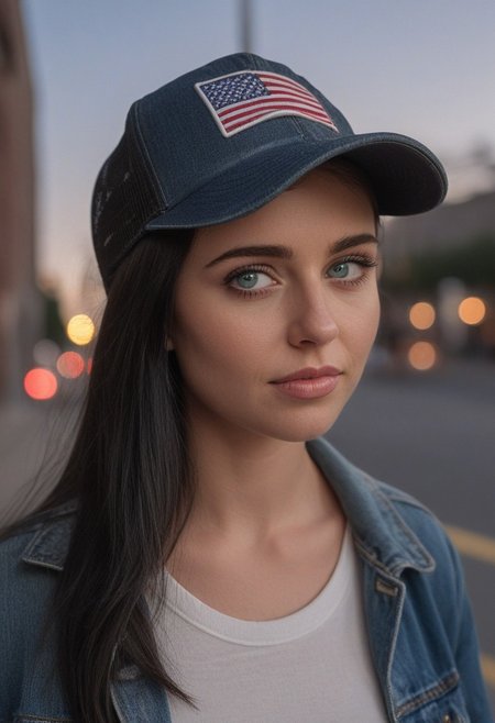30yo woman holding an American flag.
Blue eyes. perfecteyes 
Wearing Denim jacket trucker hat. 
Long dark black slick back hair. No makeup. Dusk, Street light. Looking at camera POV. Slight smile, tilting head.. Tilt head.
Medium Close Up shot. Bokeh. Bokeh light.